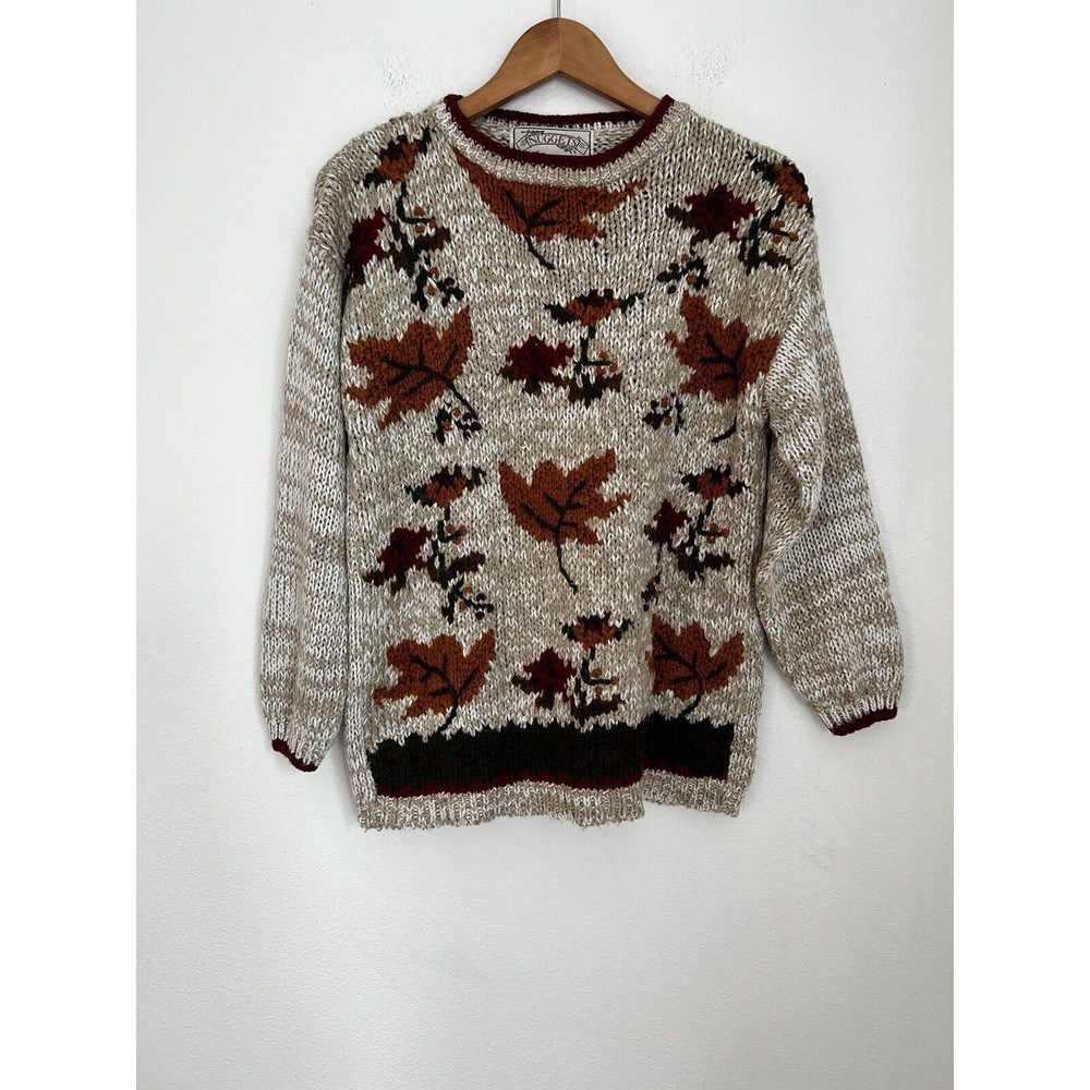 Nuggets Sweater Hand Knitted Vintage Leaf Pattern Fall Beige Size M Gran…